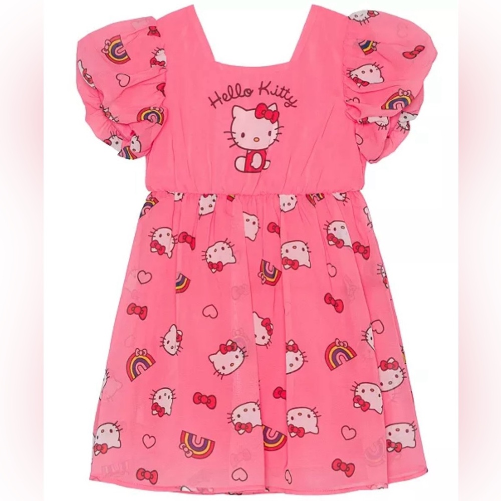 Sanrio Girls Hello Kitty Chiffon Short Sleeve Rainbow Pink Dress 6X